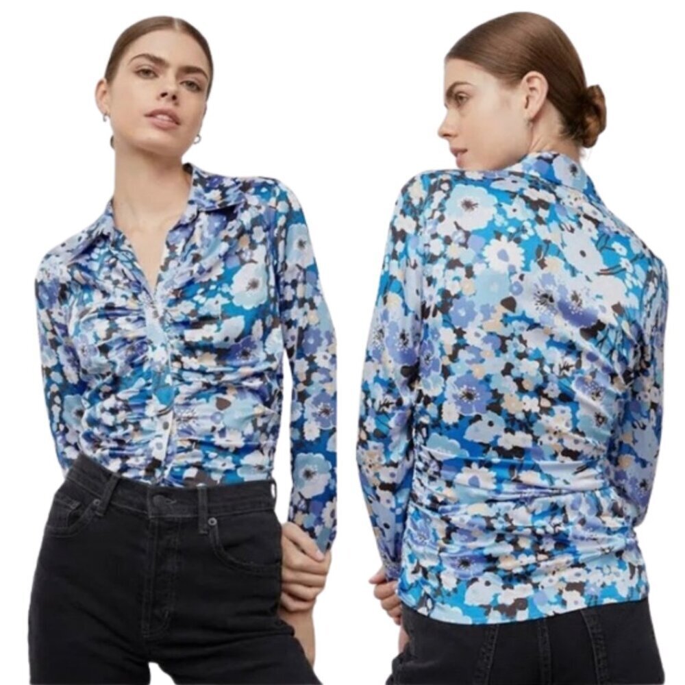 Rails Lisa Floral Ruched Button Up Blouse Top Women's XS Blue Zinnia 70s NWOT